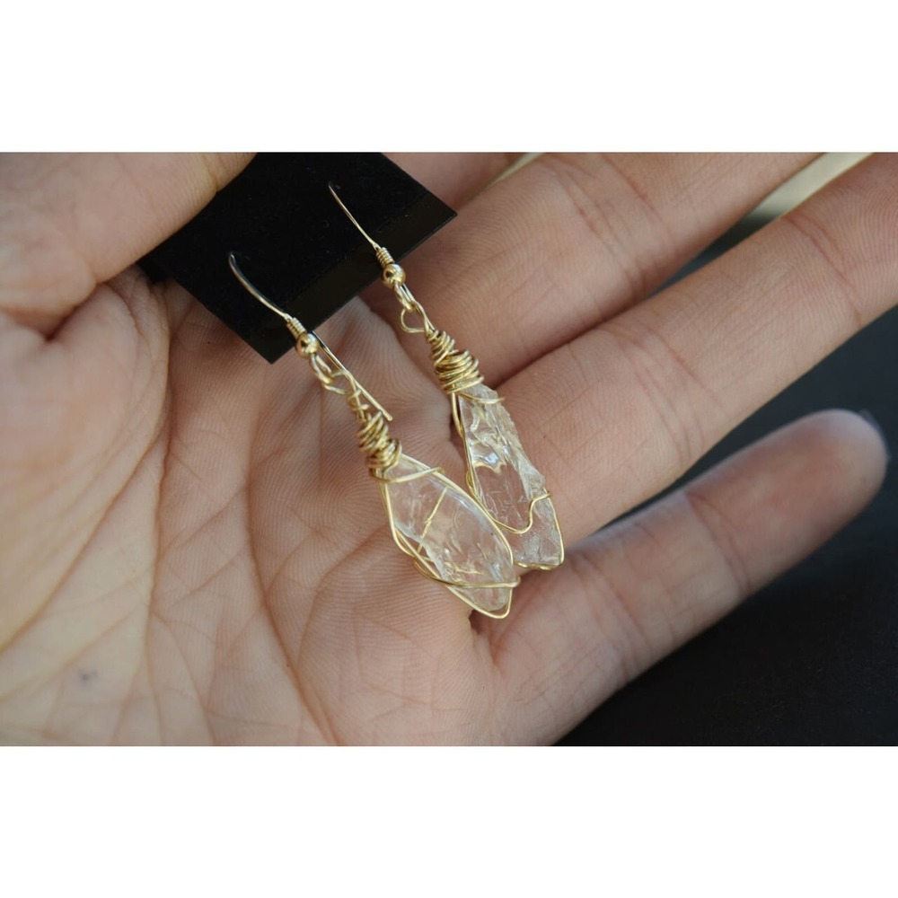 Large Dangle Earrings, Large Gold Wire Wrapped Earrings, Gift for Bride